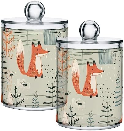 2 Pack Apothecary Jars Bathroom Cute Fox Qtip Holder Dispenser Clear Plastic Storage Canister Jar with Lid for Cotton Ball, Cotton Swab