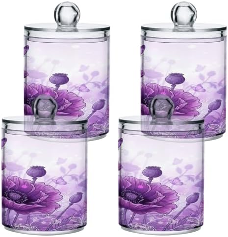 ALAZA Beautiful Art Poppy Flower Butterfly 2 Pack Qtip Holder Dispenser for Cotton Swabs, Balls, Pads, Floss 10 oz Plastic Canister Organizer