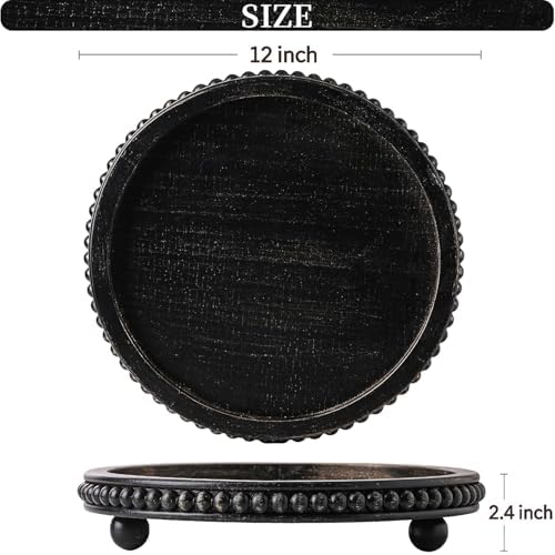 Black Round Wooden Tray for Decor, Rustic Farmhouse Centerpiece