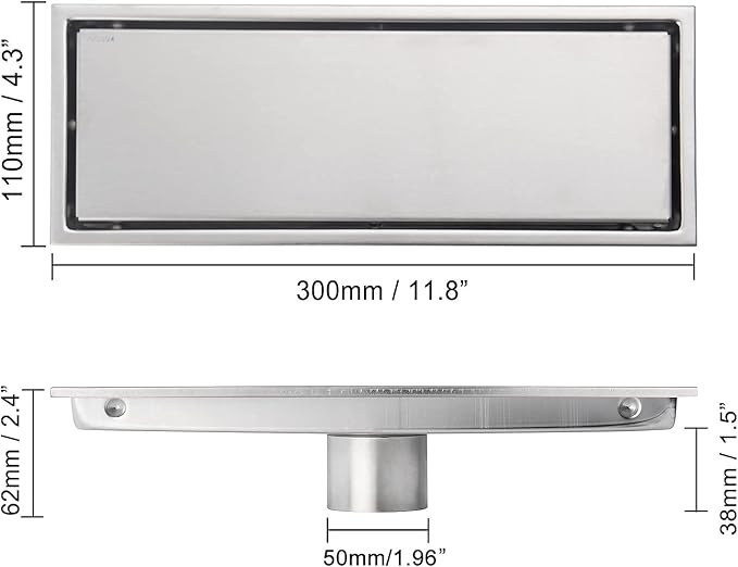 12 Inch Brushed Nickel Linear Shower Drain Pipe with Tile Insert Grille, Removable Hidden Cover, SUS304 Stainless Steel Rectangular Floor Drain