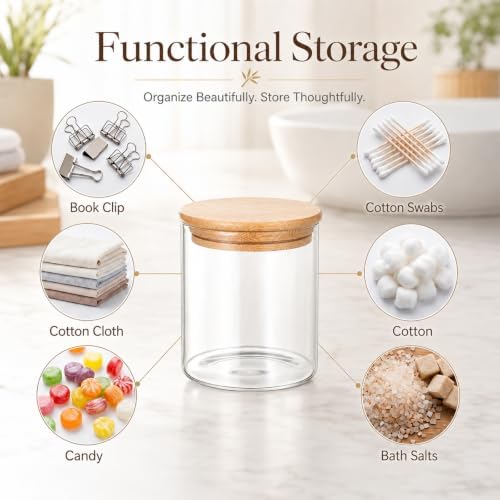 Glass Qtip Holder with Vanity Tray, Bathroom Tray Organizer Glass Qtip Holder, Cotton Round-Holder Glass-Apothecary Jars with Lids for Cotton Ball Round Swab Pad Hair Ties Floss Perfume Jewelry