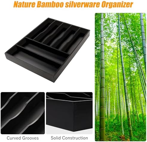 Bellsal Bamboo Silverware Drawer Organizer, Utensil Kitchen Drawer Organizer, Utensil Holder Cutlery Tray with Grooved Drawer Dividers for Kitchen Utensils and Flatware Bedroom Office (7 Slot, Black)