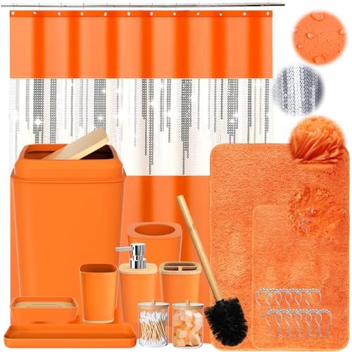 Bathroom Set,Bathroom Sets with Shower Curtain and Rugs Sequin Shower Curtain Set Orange Bathroom Rugs Sets Bathroom Decor