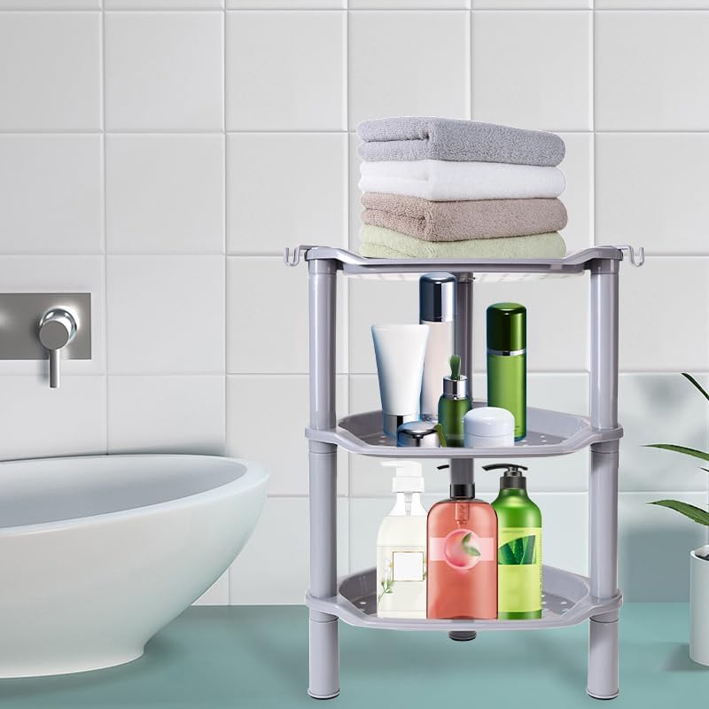 3 Tier Shower Caddy Corner,Plastic Shower Shelf Organizer for Inside Bathroom, Bathtub, Shower Pan, 13.5 x 10 x 26 Inches,Grey(Round Slot Grey 3 Tier)