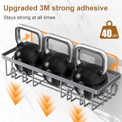 Getsrichfc Shower Caddy Adhesive, Rustproof Shower Shelves for Inside Shower, Large Capacity Bathroom Organizers and Storage, Shower Storage with Removable Hooks, No Drill Bathroom Accessories Grey