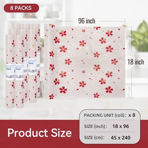 FIFTY FEET 18"x96" Non-Adhesive Shelf Liner for Kitchen Cabinets and Drawers, Washable Non-Slip PVC Cabinet Liner (Red Floral)(8 Roll)
