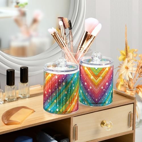 MNSRUU 2 Pack Qtip Holder Organizer Dispenser Rainbow Stars Bathroom Storage Canister Cotton Ball Holder Bathroom Containers for Cotton Swabs/Pads/Floss