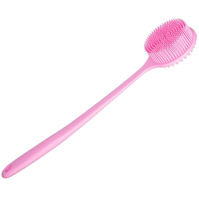 DNC Silicone Back Scrubber for Shower, Soft Bath Body Brush with Long Handle (Pink)