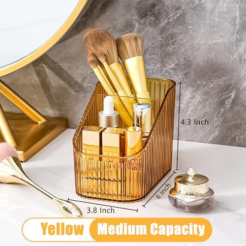 Makeup Organizer Cosmetics Storage Box, Large Capacity Make Up Brush Holder Organizer Vanity Accessories, Bathroom Countertops, Desk Storage Container, Cosmetic Display cases(Yellow-S)