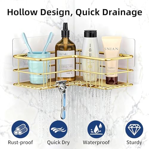 Menbyci 2 Pack Corner Shower Caddy, Adhesive Bathroom Shelf with 8 Hooks, Rustproof Stainless Steel Bathroom Organizer, No Drilling Shower Shelves Basket Wall Storage Rack Shampoo Holder (Gold)