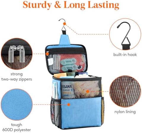 Lifewit Mesh Shower Caddy Bag Portable for College Dorm Room Essentials, Hanging Organizer Basket, Quick Dry Tote Bag for Camping, Bathroom, Beach, Travel, Medium, Blue
