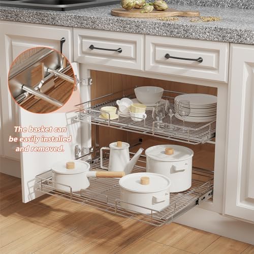 ROOMTEC Individual Pull Out Cabinet Organizer (31½"W x 21½"D), 2 Tier Spice Rack Organizer for Cabinet, Slide Out Drawer Pantry Shelf Organization and Storage for Kitchen Bathroom