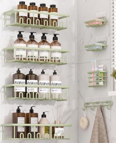 8 Pack Adhesive Rustproof Shower Caddy with Soap Dishes, Toothbrush Holder & Hooks, Large Capacity No-Drilling Shower Shelves Rack for Bathroom Organizers and Storage Accessories, Green