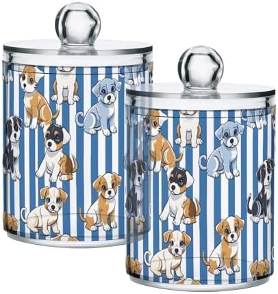 2 Pack Qtip Holder Organizer Dispenser Cute Puppies Blue White Stripes Bathroom Storage Canister Cotton Ball Holder Container for Cotton Pads/Swabs/Floss