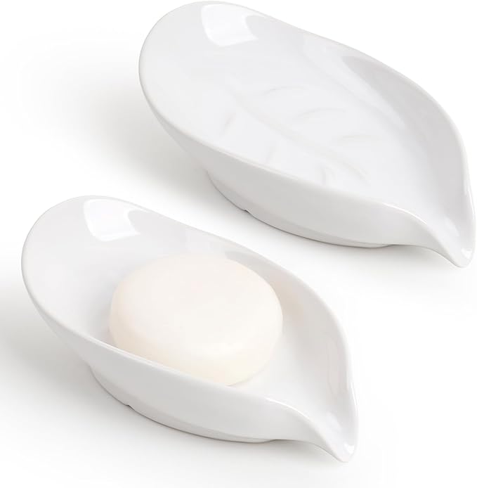 Soap Dish 2PCS, Self-Draining Bar Soap Holder, Leaf Shape Ceramic Drain Soap Dishes for Bathroom Kitchen, Easy to Clean Keeps Soap Dry, White, ANTIS'S HOME