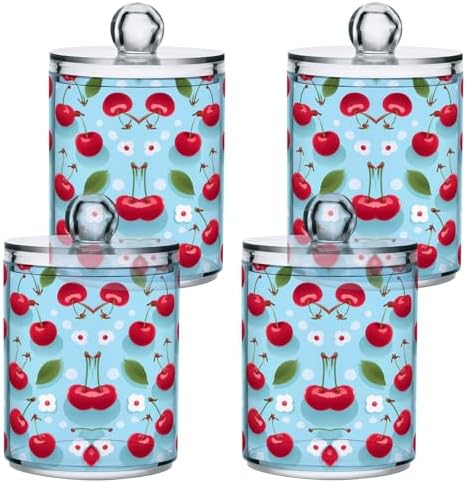 MNSRUU 2 Pack Qtip Holder Organizer Dispenser Cherries and Flowers Pink Bathroom Storage Canister Cotton Ball Holder Bathroom Containers for Cotton Swabs/Pads/Floss