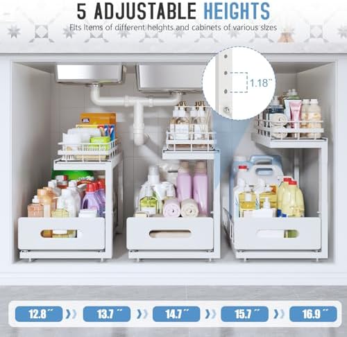 Under Sink Organizer Upgrade To Professional Rails,2-Tier Dual Pull Out Cabinet Storage,Height Adjustable Slide Out Drawers For Bathroom Kitchen,2 Pack-18.5"Dx12.8"-16.9"H,White