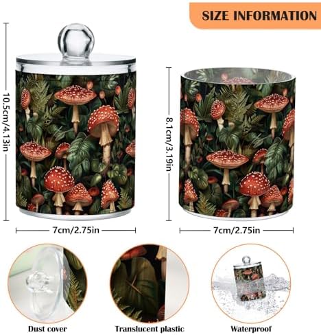 Retro Mushrooms and Leaves Clear Plastic Jars Set of 2, Apothecary Jars with Lids Bathroom Counter Organizer for Cotton Pads, Cotton Ball, Cotton Swabs, Floss Picks 10 Oz
