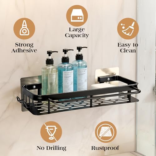 No-Drill Adhesive Shower Caddy, Black Aluminum Shelves 2-Pack