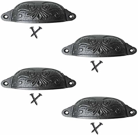 Renovators Supply Manufacturing Black Iron Cup Bin Pull Cabinet Drawer Handle, Pack of 4