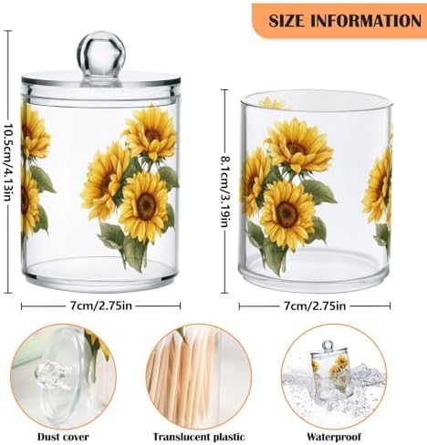 Gredecor Qtip Holder Dispenser 2 Pack Yellow Watercolor Sunflowers Bathroom Decorative Storage Canister Holder Counter Vanity Organizer for Cotton Ball Swabs Pads Floss