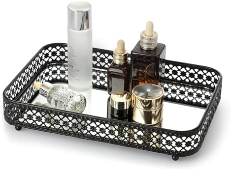 ELLDOO Black Mirror Glass Perfume & Makeup Vanity Tray, Medium Size