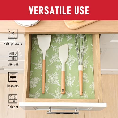 Cooyes Shelf Liner for Refrigerator & Drawer, Non-Adhesive Cabinets Liner for Kitchen Cupboard & Fridge, Breathable Cloth Material, Vegetable-Patterned, 6 Pack 12“ × 24”, Sage Green