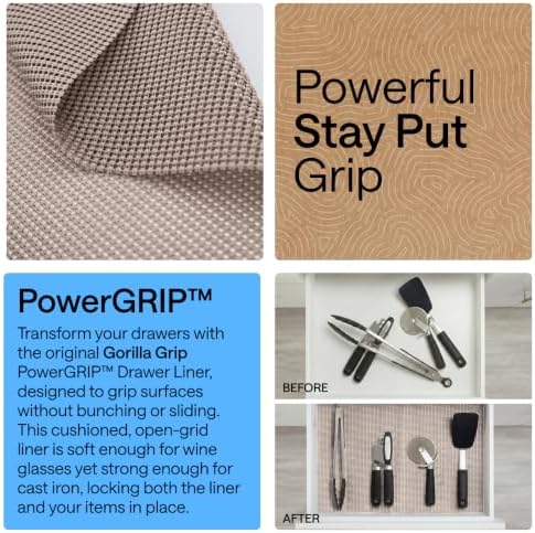 GORILLA GRIP powerGRIP Drawer Shelf and Cabinet Liner, Thick Strong Hold, Non-Adhesive Liners Protect Kitchen Cabinets and Cupboard, Bathroom Drawers, Easy Install Mat, 12" x20', Beige (Pack of 2)
