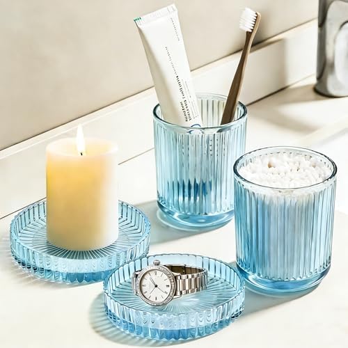 Glass Qtip Dispenser 2 Pack, Clear Bathroom Storage Organizer for Cotton Swabs, Balls, Pads & Floss Picks, Vanity Makeup Essential Accessories (Blue)