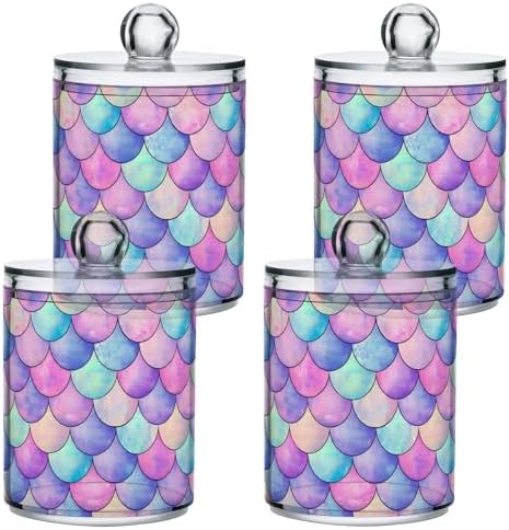 MNSRUU 4 Pack Qtip Holder Organizer Dispenser Colorful Mermaid Scales Bathroom Containers Bathroom Vanity Storage Canister Apothecary Jars for Cotton Swabs/Pads/Floss
