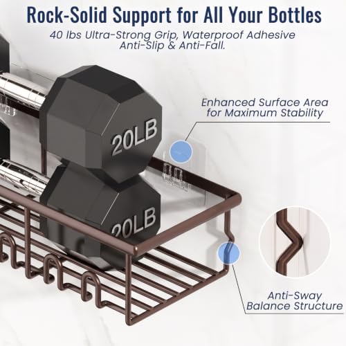 8 Pack Adhesive Rustproof Shower Caddy with Soap Dishes, Toothbrush Holder & Hooks, Large Capacity No-Drilling Shower Shelves Rack for Bathroom Organizers and Storage Accessories, Brown