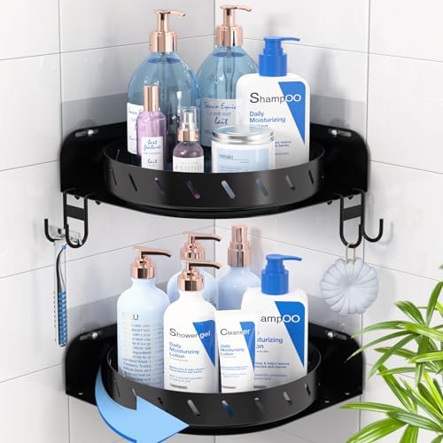360 Rotating Shower Caddy Shelf With 6 Hooks, 2PACK Bathroom Organizer With 5Pcs Adhesive, Stainless Steel Corner Racks for Home Apartment Decor (Black)