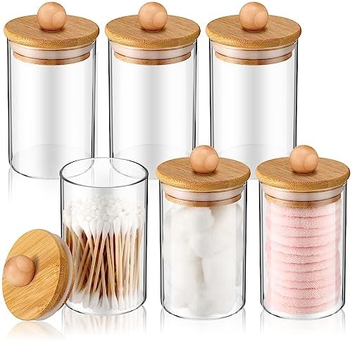6 Pack Glass Apothecary Jars with Lids Bamboo Bathroom Accessories Cotton Balls Pads Swabs Holder Jar Bathroom Canisters for Vanity Accessories Storage