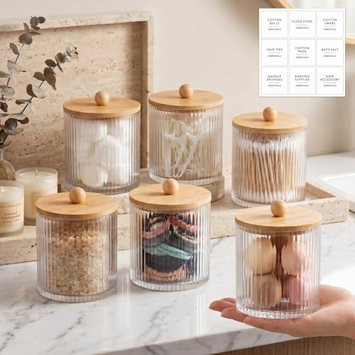 6 Pcs Plastic Holder Dispenser Bathroom Jars with Bamboo Lids, Wood Color