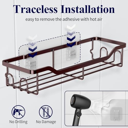 Kitsure Shower Caddy, Adhesive Shower Organizer, Large, Brown