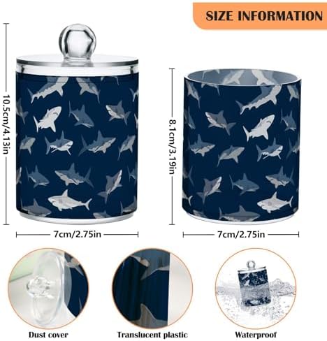 ALAZA 2pcs Dark Blue Shark Fish Qtip Holder Dispenser 14 oz Bathroom Storage Clear Apothecary Jars Containers Cotton Ball,Cotton Rounds,Floss Picks, Hair Clips, Food
