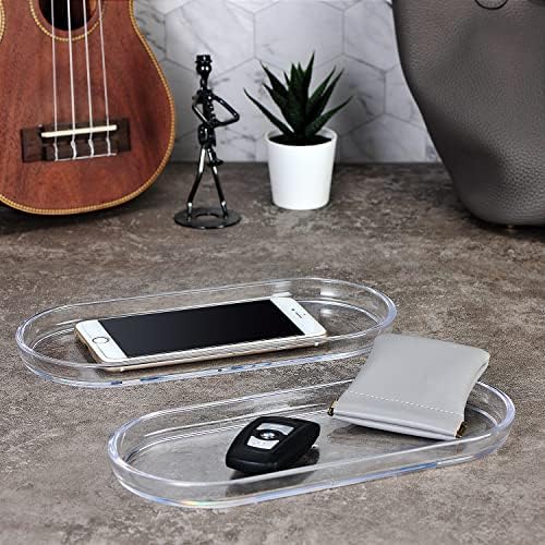 SheeChung Acrylic Vanity Tray, 2 Pack, Clear, 9.65 in x 4.5 in x 0.79 in, Catchall Tray, Countertop Sink Tray Dispenser, Sturdy Holder for Cabinet, Shelf, Cupboard, or Closet Organization