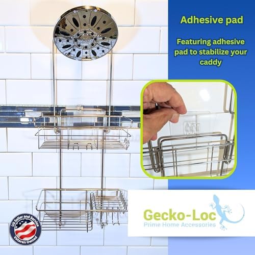 Gecko-Loc Extra-Long Adjustable Over-the-Showerhead Shower Caddy – Rustproof Stainless Steel Organizer with Suction Stabilizer, Deep Basket & Hooks – No-Drill, Tool-Free Installation (Silver)