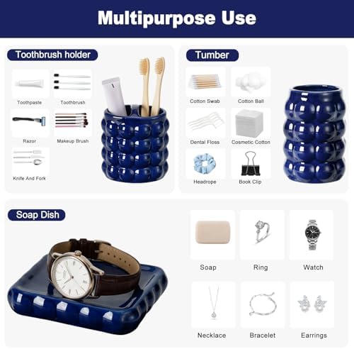 4 Piece Ceramic Bathroom Accessories Set –Soap Dispenser,Toothbrush Holder,Tumbler & Soap Dish,Includes Silicone Funnel,Non-Slip,Modern Farmhouse Countertop Organizer Set for Bathroom Decor, Navy Blue