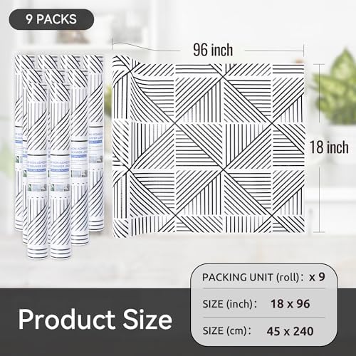 FIFTY FEET 18"x96" Non-Adhesive Shelf Liner for Kitchen Cabinets and Drawers, Washable Non-Slip PVC Cabinet Liner (Black Modern)(9 Roll)