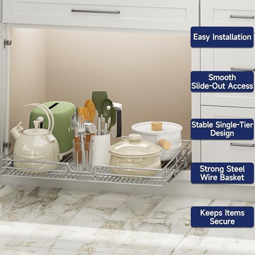Pull Out Cabinet Organizer, 31.5" W x 21.5" D, Heavy Duty Chrome Slide Out Shelf for Wide Base Cabinets, Sliding Wire Basket Drawer for Pots, Pans, Appliances & Pantry Storage