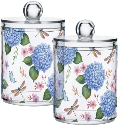 ALAZA Blue Hydrangea Flower Dragonfly Butterfly 4 Pack Qtip Holder Dispenser for Cotton Swabs, Balls, Pads, Floss 10 oz Plastic Canister Organizer