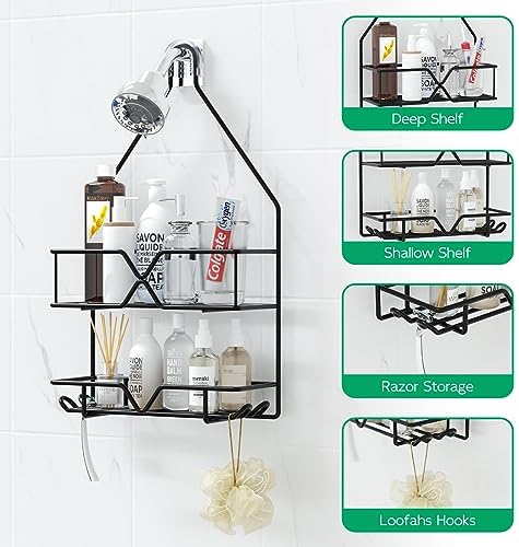 TreeLen Shower Organizer Hanging Shower Caddy over Shower Head Black Bathroom Hanger for Shampoo Razor Soap