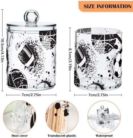 Football Soccer Themed Qtip Holder 2 Pack - 10 Oz Clear Plastic Apothecary Jar Set for Bathroom Organization - Versatile Canister Storage for Cotton Balls, Swabs, Rounds