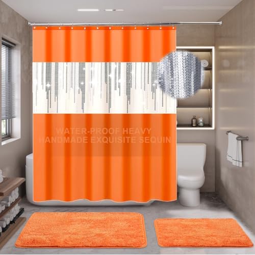 Bathroom Set,Bathroom Sets with Shower Curtain and Rugs Sequin Shower Curtain Set Orange Bathroom Rugs Sets Bathroom Decor