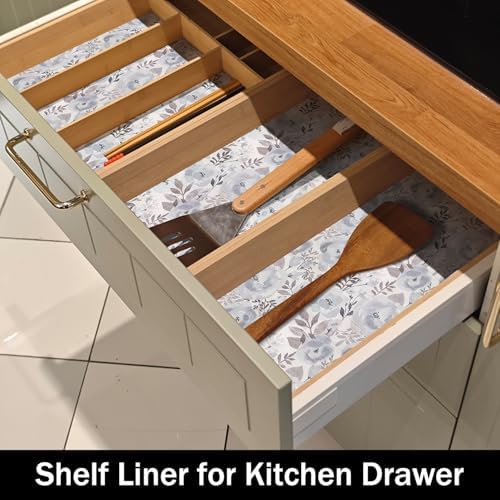 Blue Floral Shelf and Drawer Liner for Kitchen,12IN x 20FT