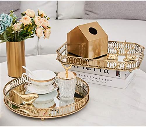 Vintage Gold Mirror Tray,Rectangle(13.8x9.8in) Ornate Geometric Brass Plated and Glass Display Storage Organizer,Jewelry Perfume Makeup Organizer Tray, for Dresser, Bathroom, Bedroom