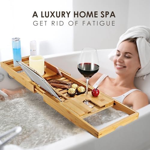 KOCASO Bathtub Caddy Tray，Crafted Bamboo Bathtub Desk Caddy Tray Extendable Reading Rack Tablet Phone Holder Wine Glass Holder Shelf Desk for Bathroom Spa