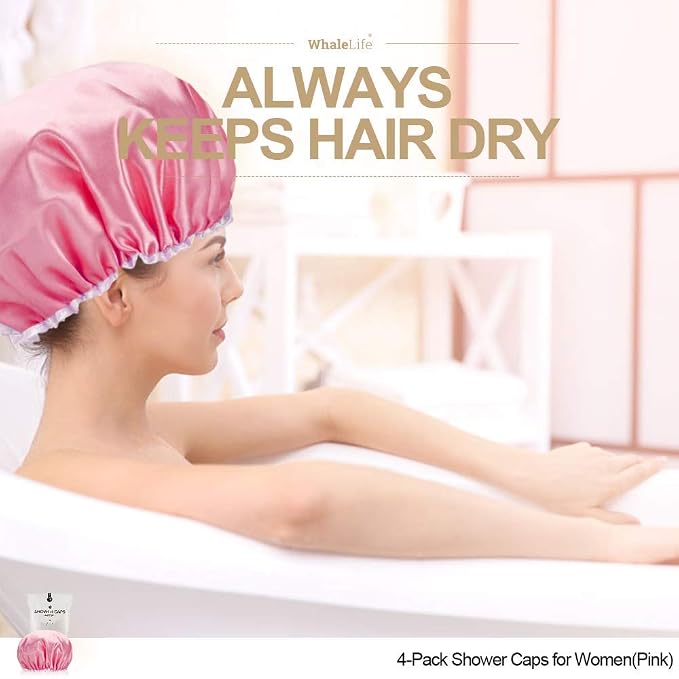 Shower Caps Satin Lined Waterproof for Women Men - 4Pc Pink | Double Layer 100 Percent Dry Jumbo Oversized Fits Thick Hair Smooth Lining Prevents Hair Frizz Snug Elastic Band No Pressure