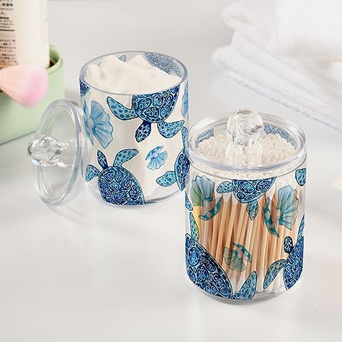 Qtip Holder Dispenser Apothecary Jars with Lids Blue Turtle Shell Clear Bathroom Container Cotton Swab Ball Holder 2 Pack